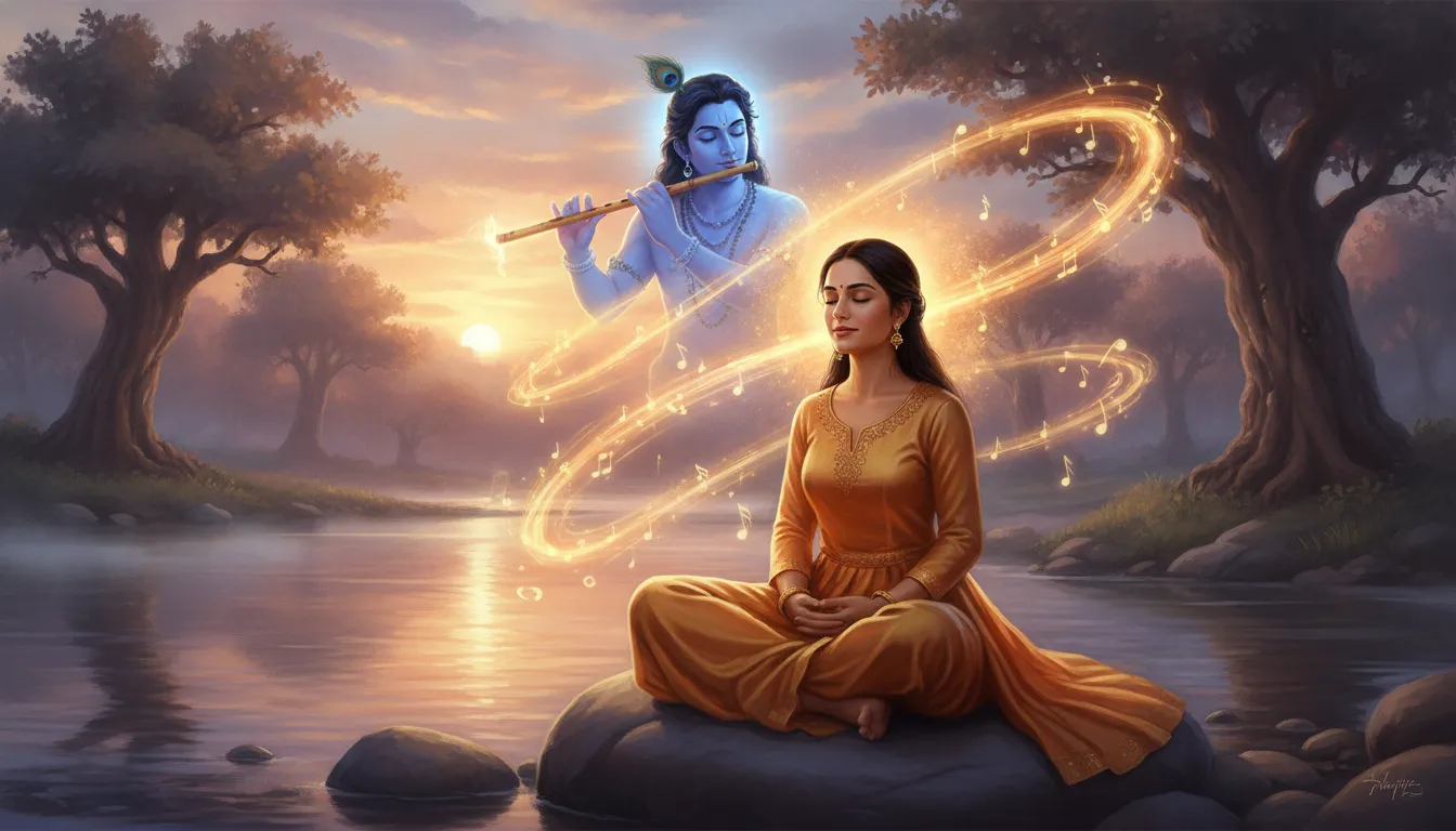 A female devotee meditating deeply as the spirit of Lord Krishna plays the flute behind her.