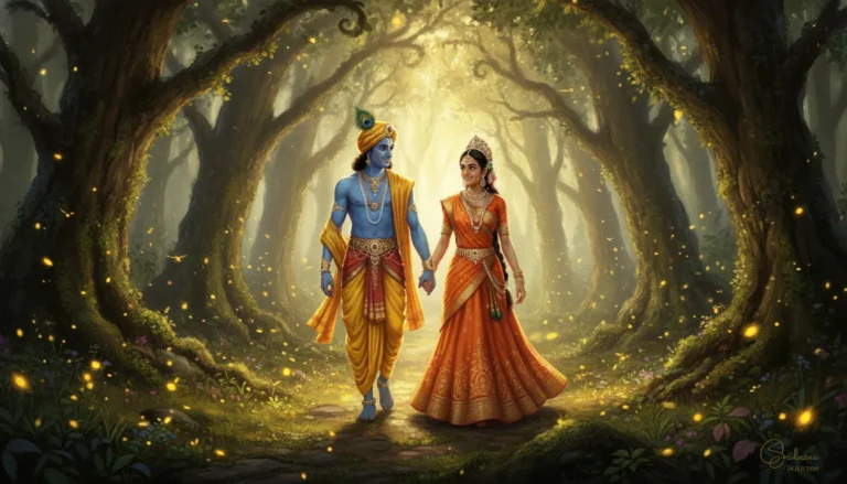 Divine couple walking hand in hand through a dense mystical forest with glowing fireflies and ancient trees.