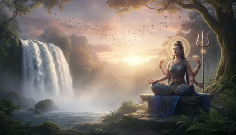 A powerful spiritual artwork of a divine figure meditating in front of a massive waterfall.