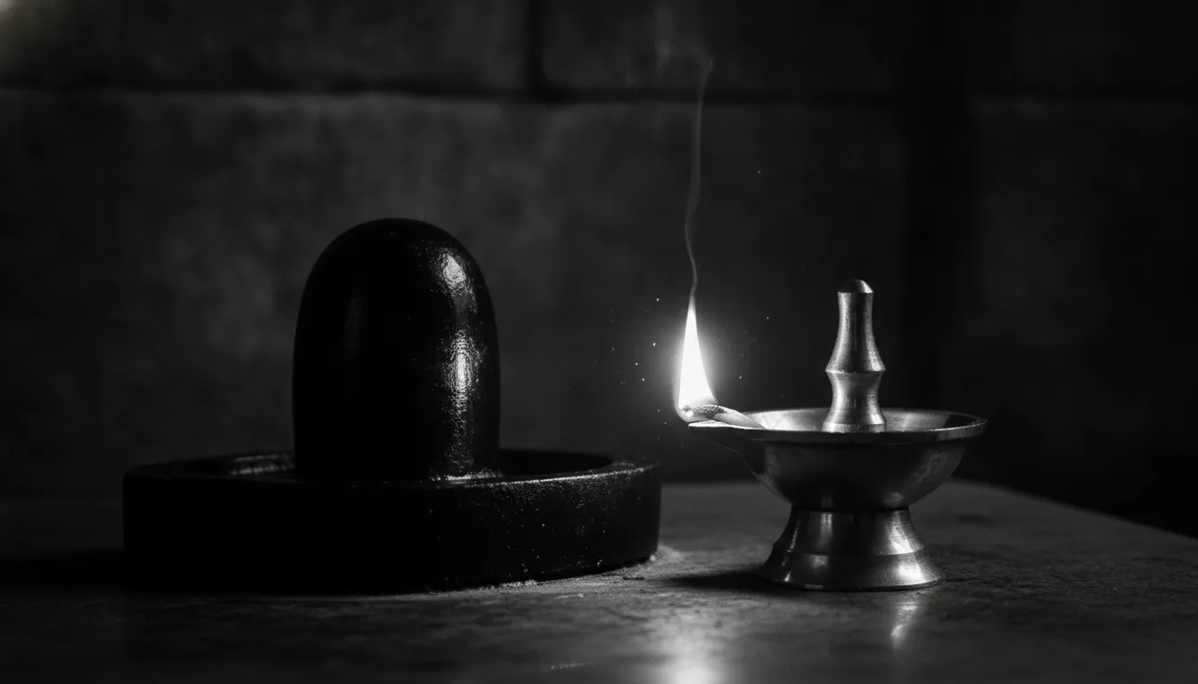 Peaceful shivling image black and white with a glowing traditional oil lamp.