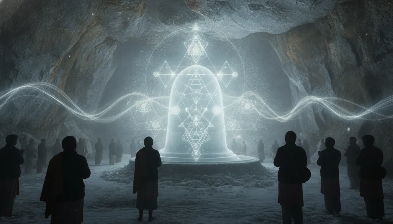 Famous white shivling of ice images with conceptual spiritual light vibrations.