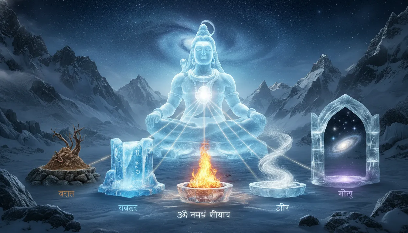 Abstract artistic representation of earth, water, fire, air, and space elements converging into a crystalline ice Shivling.