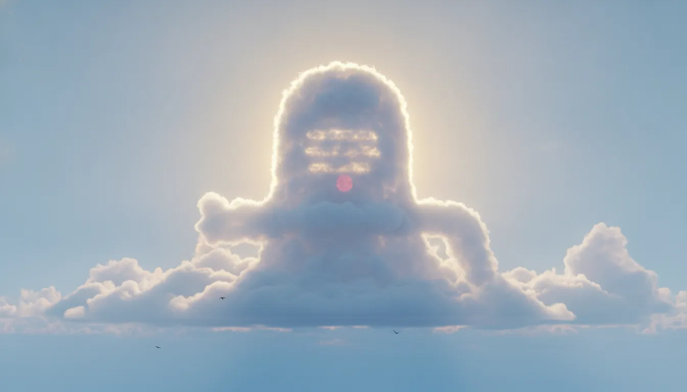 A beautiful unique shivling image formed naturally out of ethereal white clouds in a golden sky.