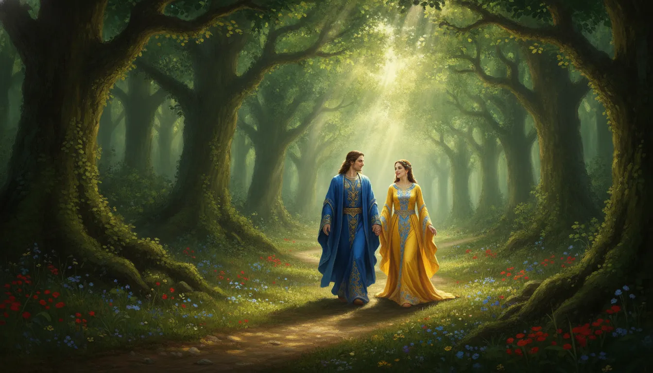 An artistic illustration of a divine couple walking hand in hand through a dense, mystical green forest with sunbeams.