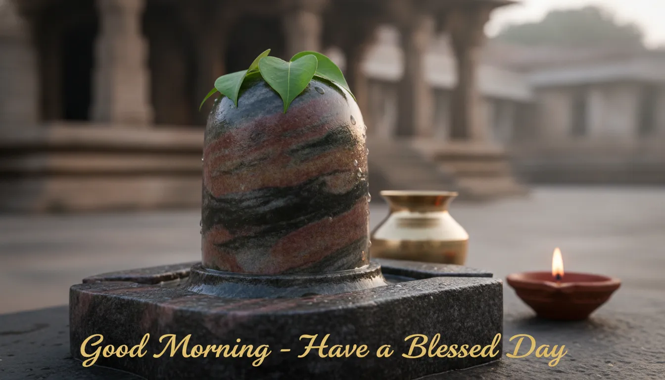 A close-up shot of a smooth Narmada Shivling decorated with fresh dew-kissed leaves for an inspirational good morning image with narmada shivling.