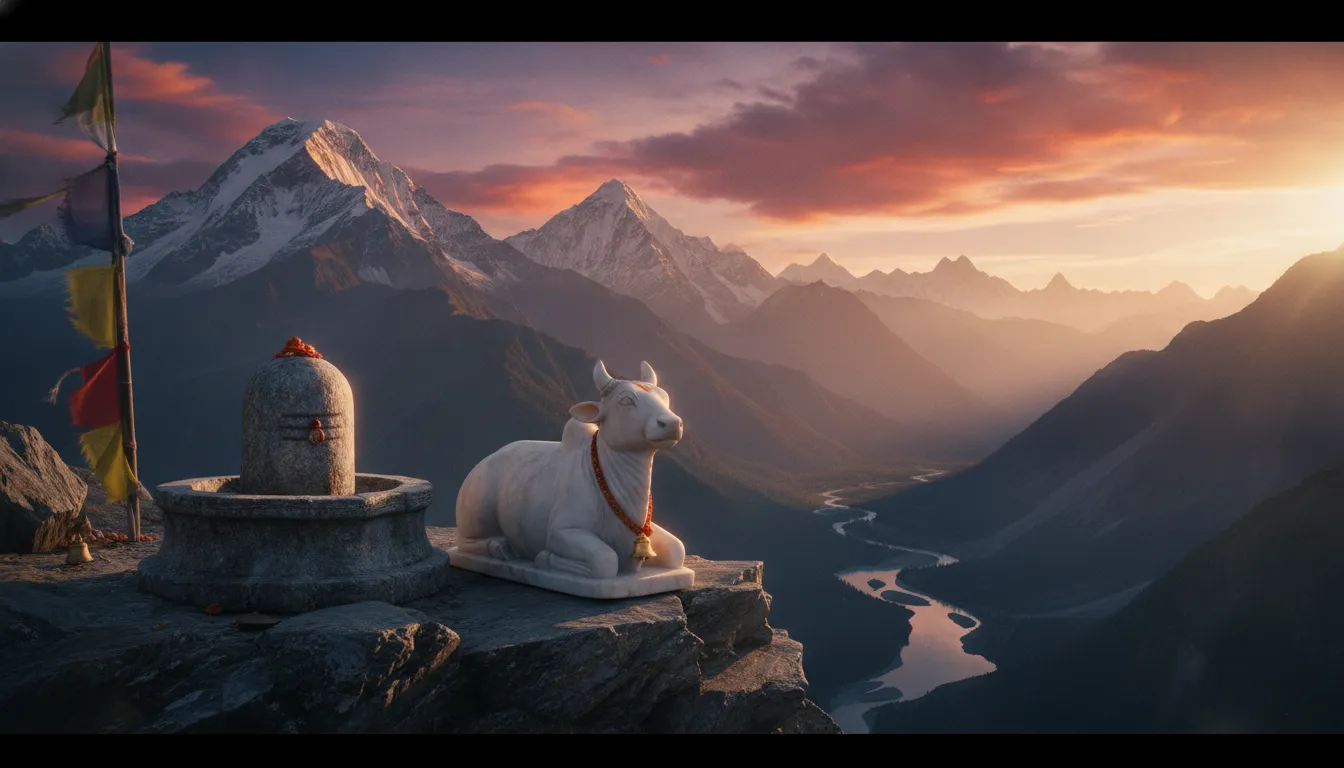 Full HD wallpaper of a mountain-top Shivling and Nandi bull with snow-capped Himalayas during sunset.