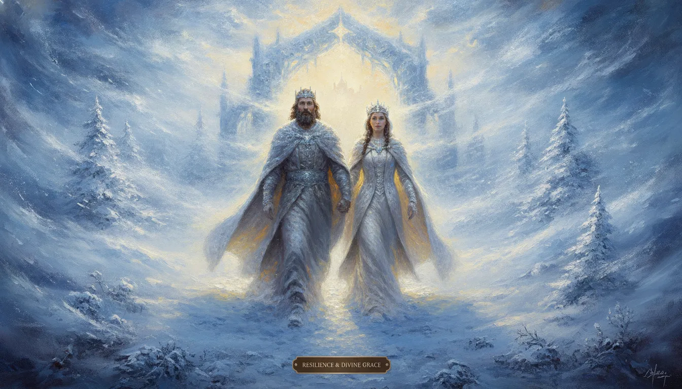Divine couple walking resolutely through a strong winter blizzard with an aura of protective light.