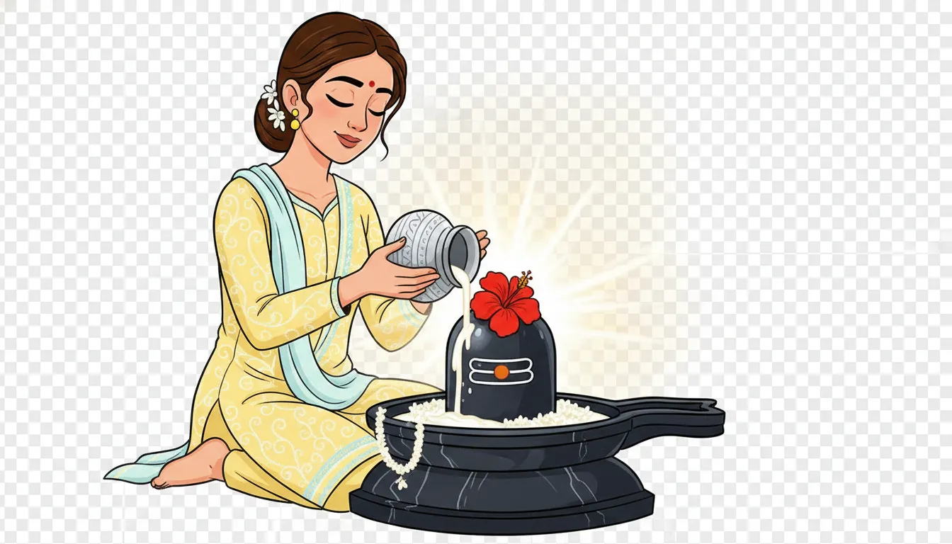 Beautiful artwork of shivling pooja by lady cartoon png images depicting the sacred milk abhishek ritual with devotion.