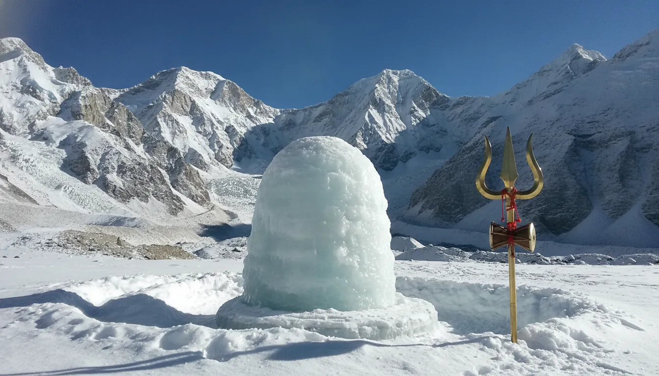 Panoramic images of shivling in hd made entirely of pristine snow and ice amidst the rugged peaks of the Himalayan mountains under a clear sky.