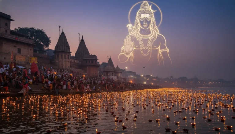 A giant transparent silhouette of Lord Shiva blessing a crowded riverbank illuminated by thousands of small lamps.