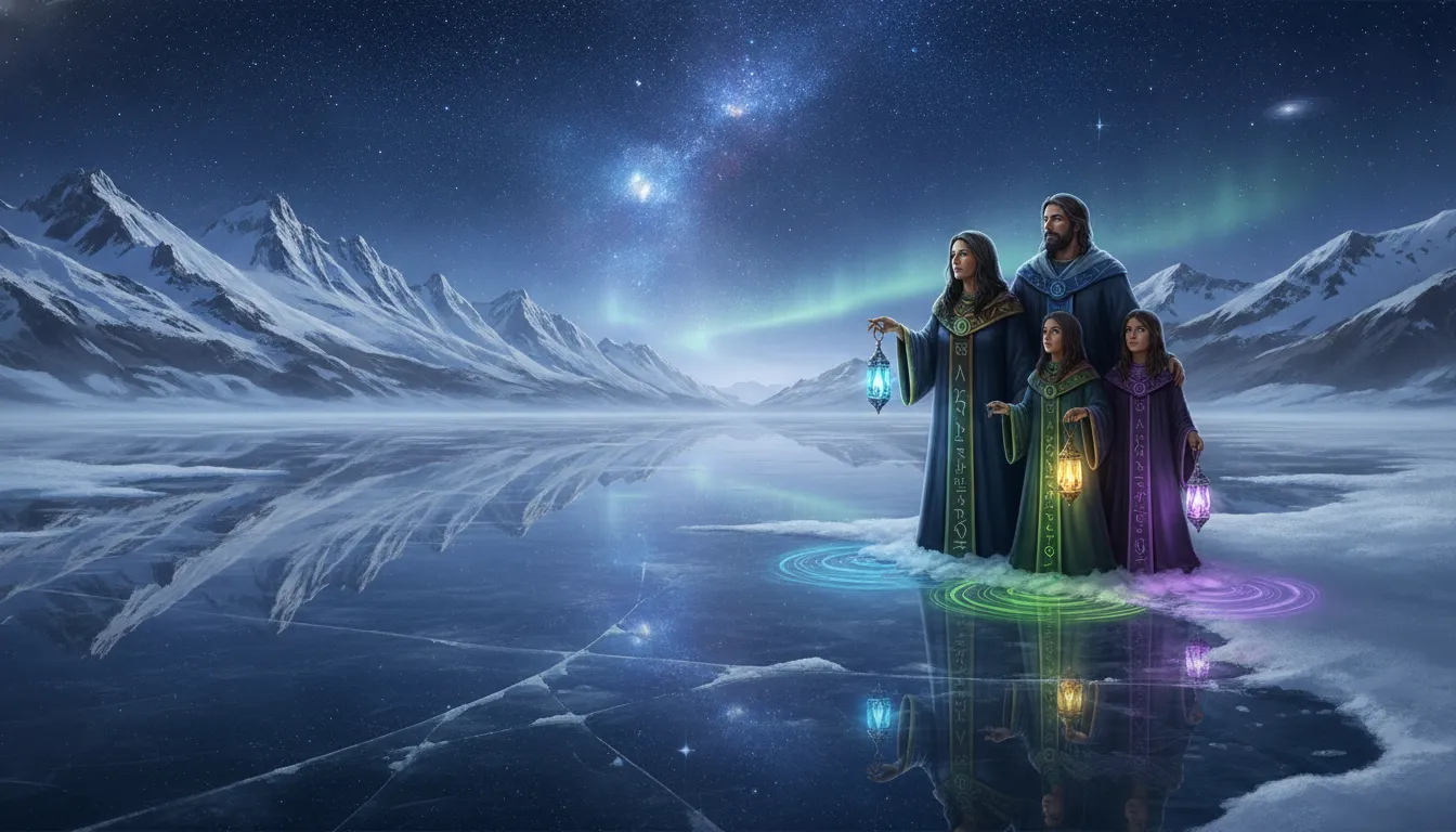 Divine family performing a spiritual ritual by a frozen high-altitude lake