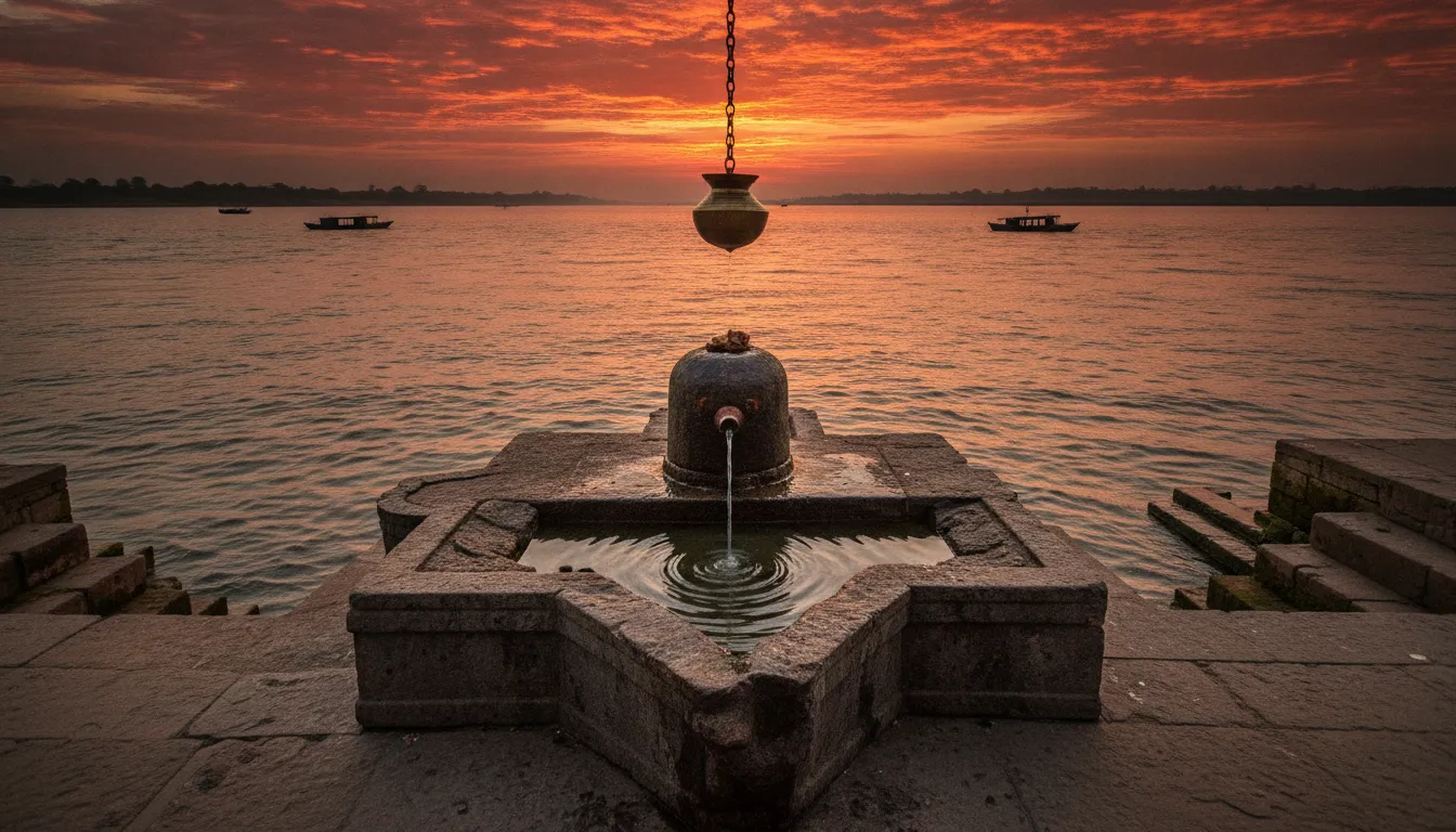 The best images of shivling set against a vibrant orange sunset on the rocky banks of a holy river.