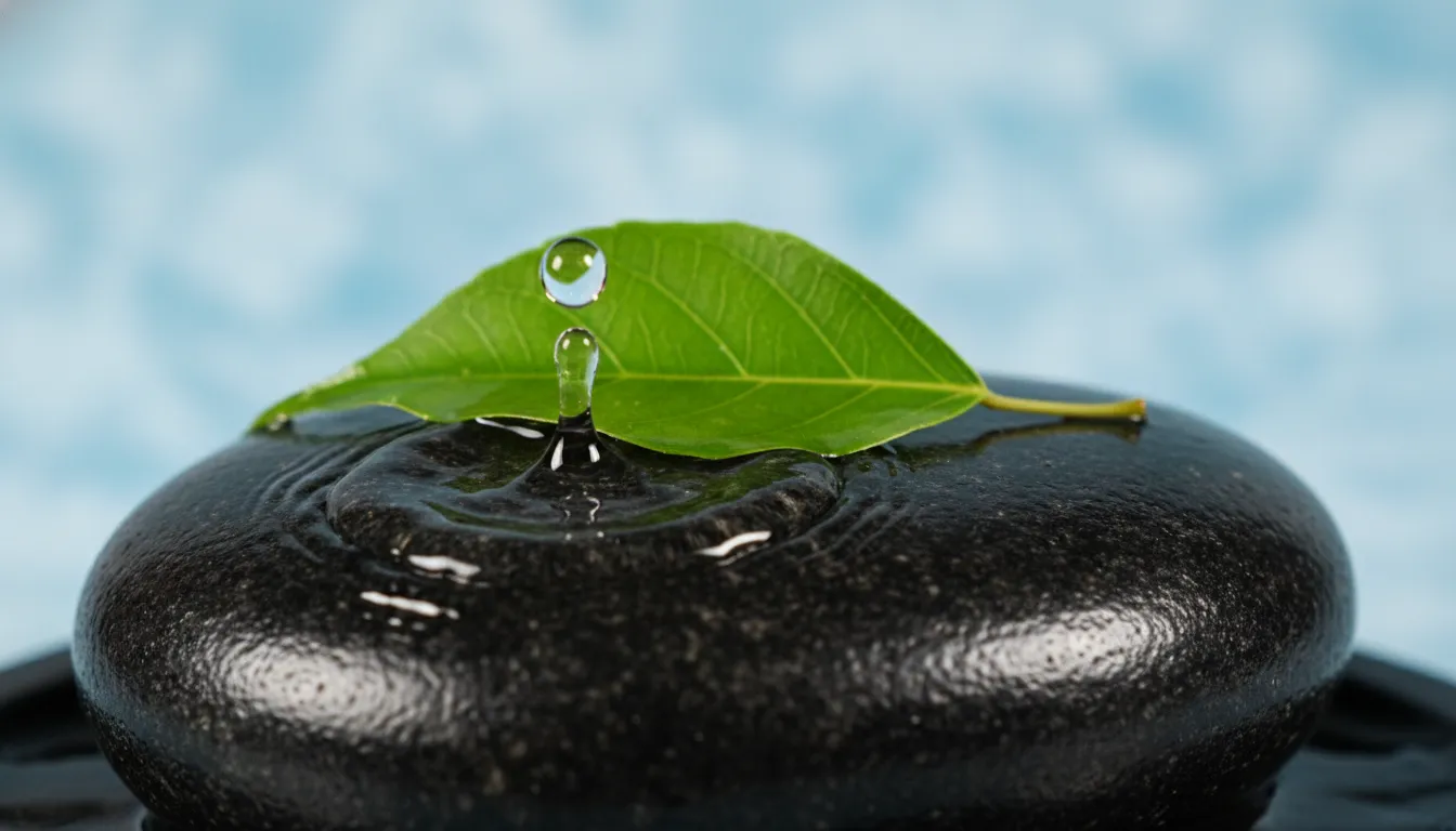 Water droplets falling on a Shivling with fresh Bili Patra leaves against a soft blue textured background.