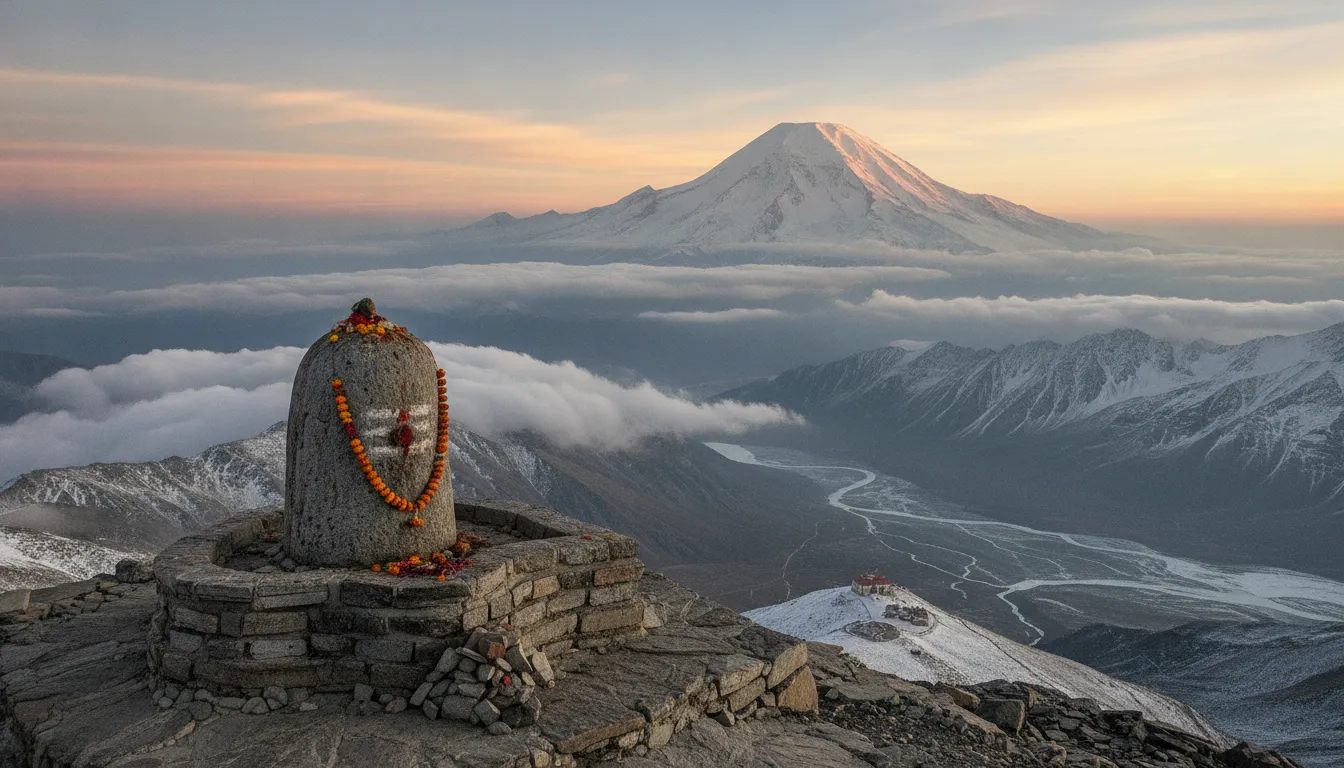 Large stone shivling positioned on a mountain peak overlooking the majestic Mount Kailash at sunrise.