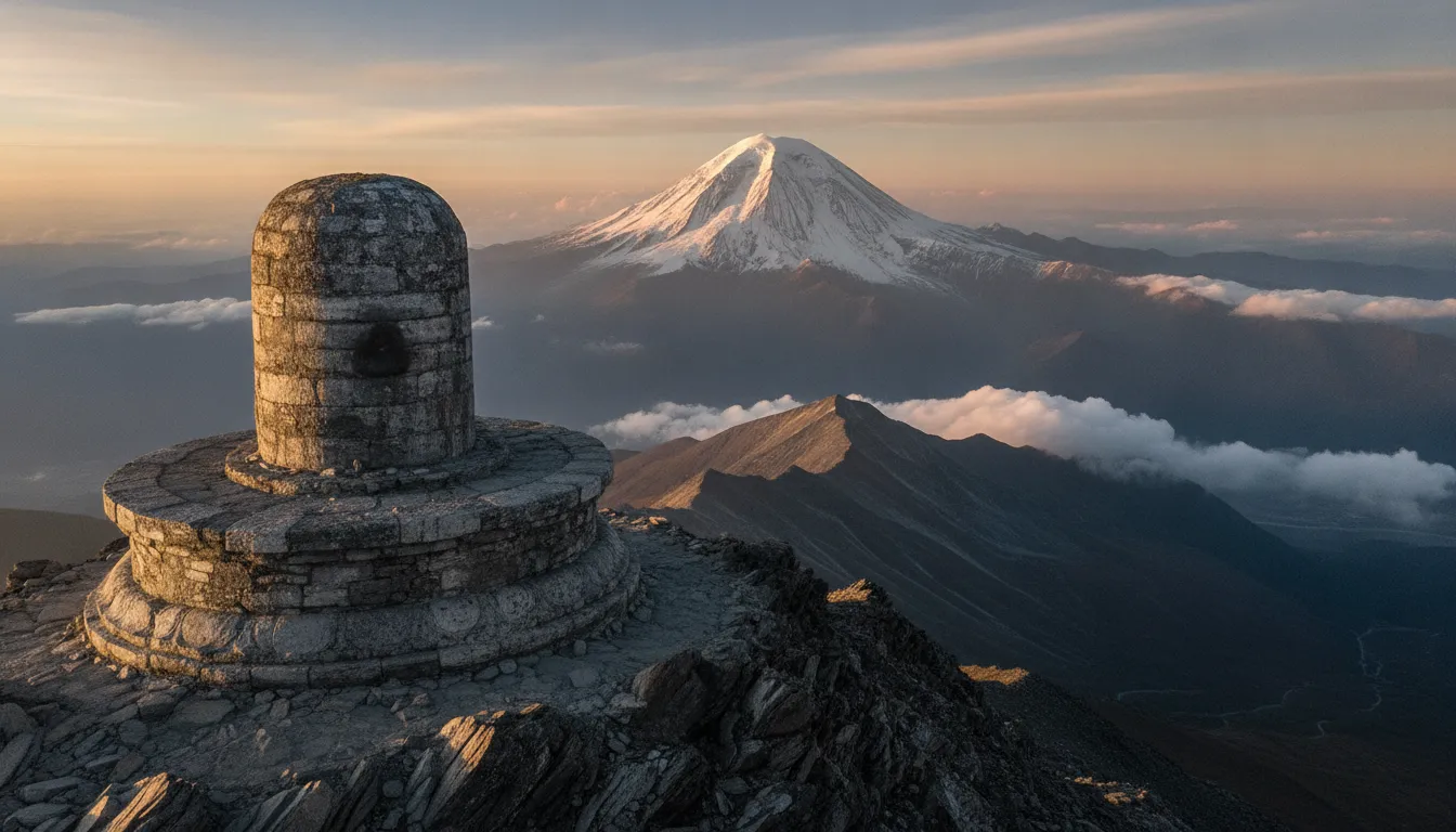 Large stone shivling positioned on a mountain peak overlooking the majestic Mount Kailash at sunrise.