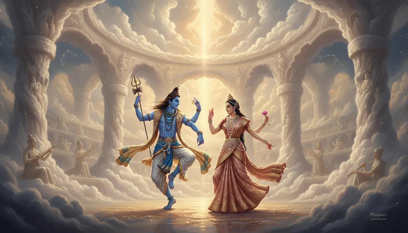 Full view of Shiva and Parvati dancing inside a grand palace made of clouds