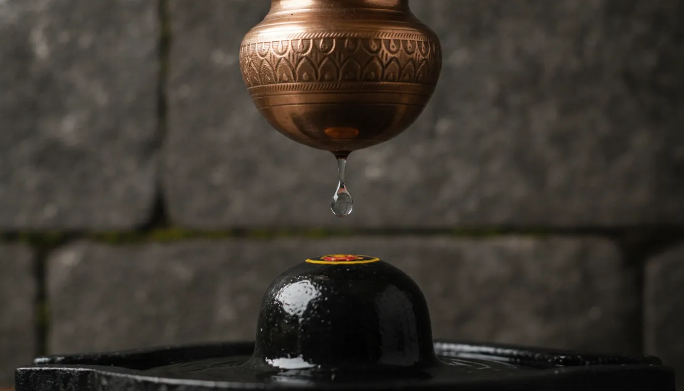 Hanging copper Kalash dropping water precisely onto the top of a black Shivling
