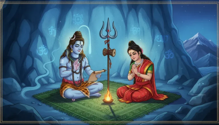 Cartoon illustration of Lord Shiva explaining spiritual secrets to Goddess Parvati in an ice cave.