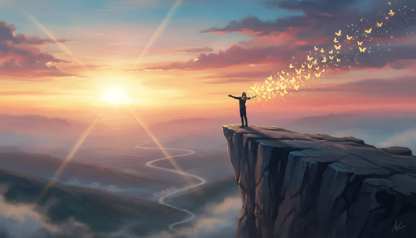 A person standing on a cliff with their arms wide open as glowing butterflies break away into the sky