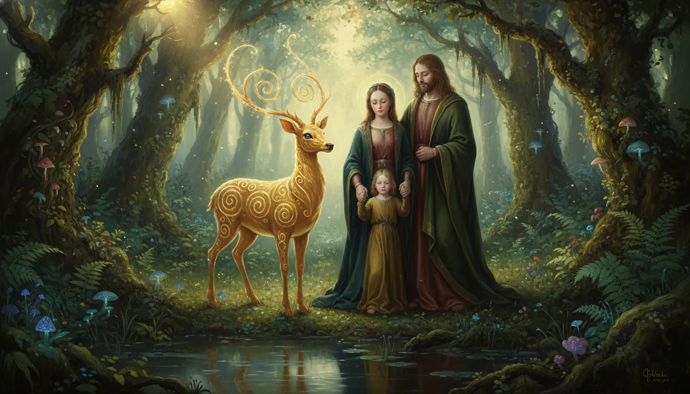 Family standing in a mystical forest with a glowing golden deer