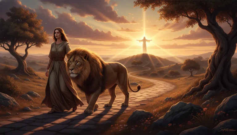 Woman walking on a path with a lion towards a glowing figure on a hill