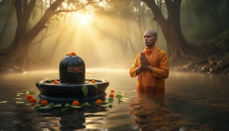 An image of shivling in water with a person offering morning prayers during sunrise.
