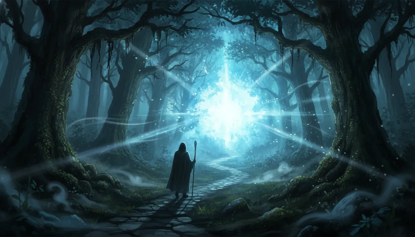 A lone traveler walking towards a bright light at the end of a dark forest path