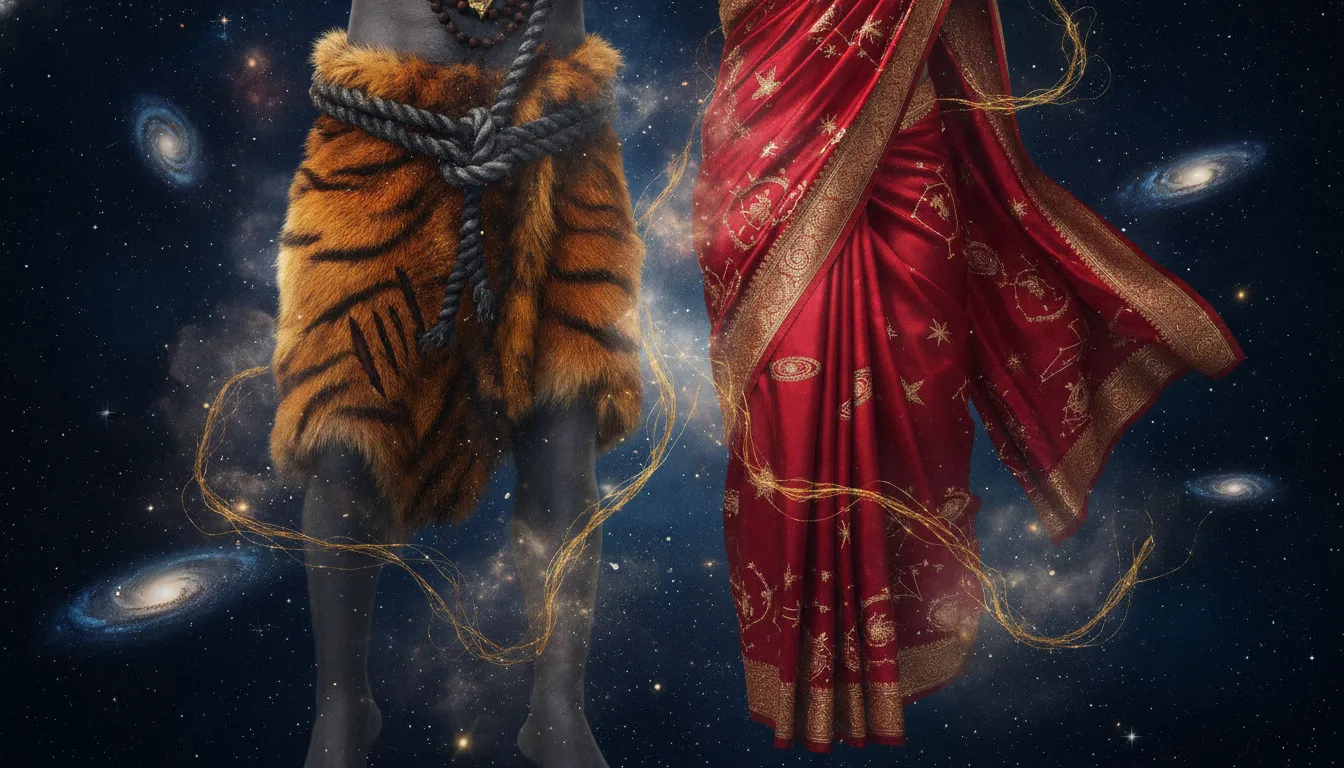 Lower torso of split deity showing textured tiger skin attire and flowing red embroidered saree among stars