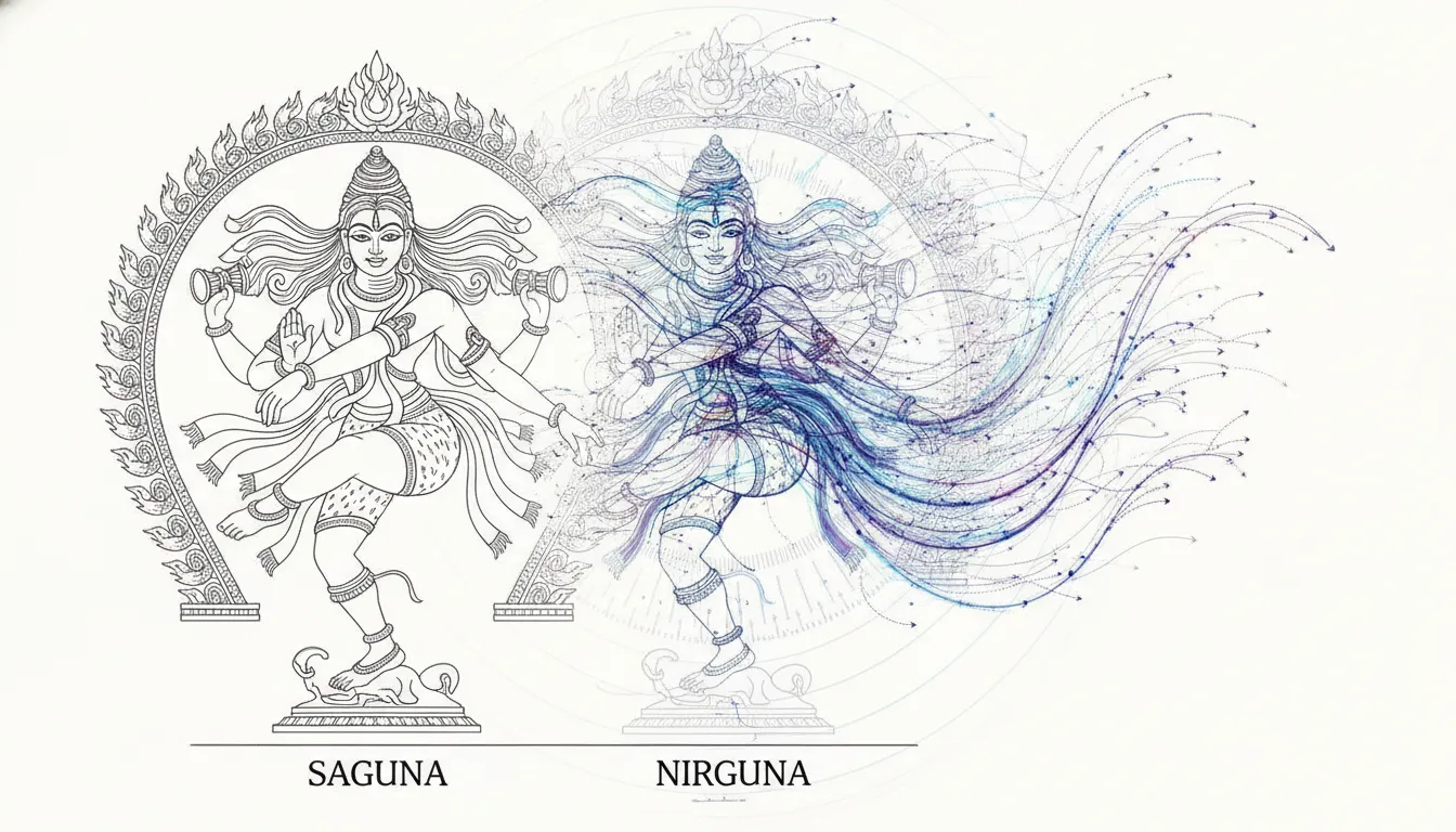 Dynamic line art of dancing Nataraja transitioning into abstract cosmic energy lines on one side.