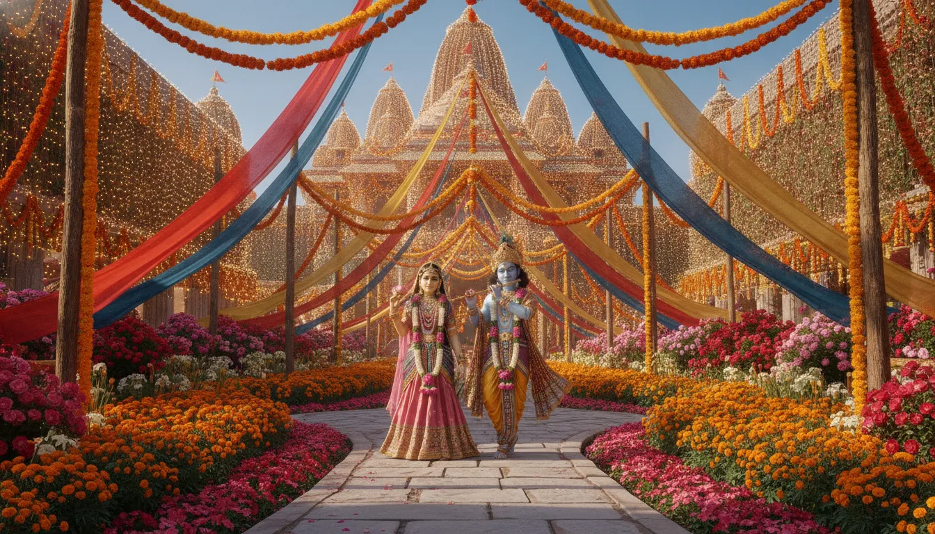 Divine couple participating in a flower festival in a temple garden with colorful decor.