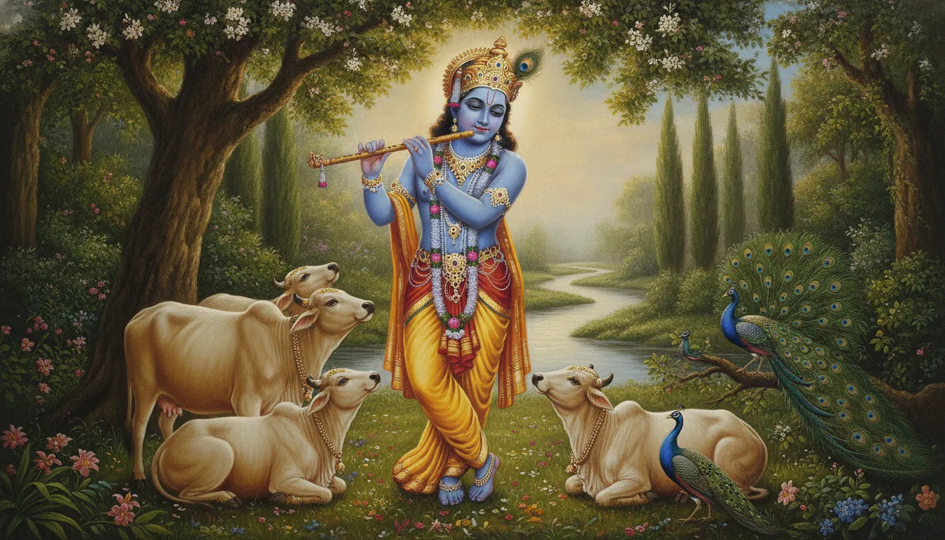 Colorful traditional artwork of Lord Krishna playing his bansuri flute under a flowering Kadamba tree surrounded by cows.
