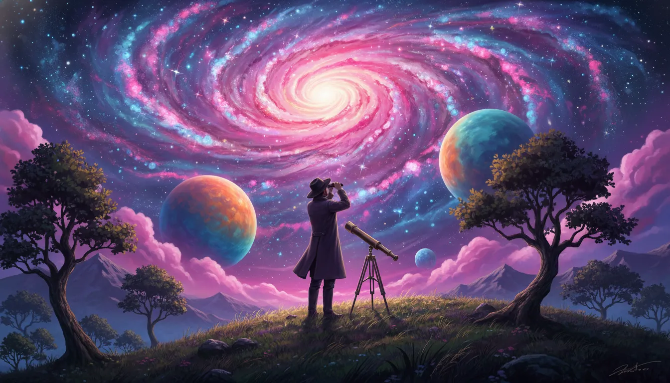 A person standing on a hilltop looking at a massive spiral galaxy opening in the night sky