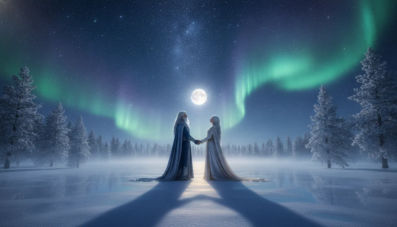 Divine couple looking up at a clear night sky filled with stars and auroras over a snowy pine forest.
