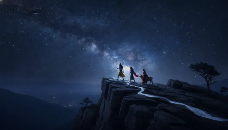 Shiva and Parvati walking under a clear night sky full of stars and galaxies