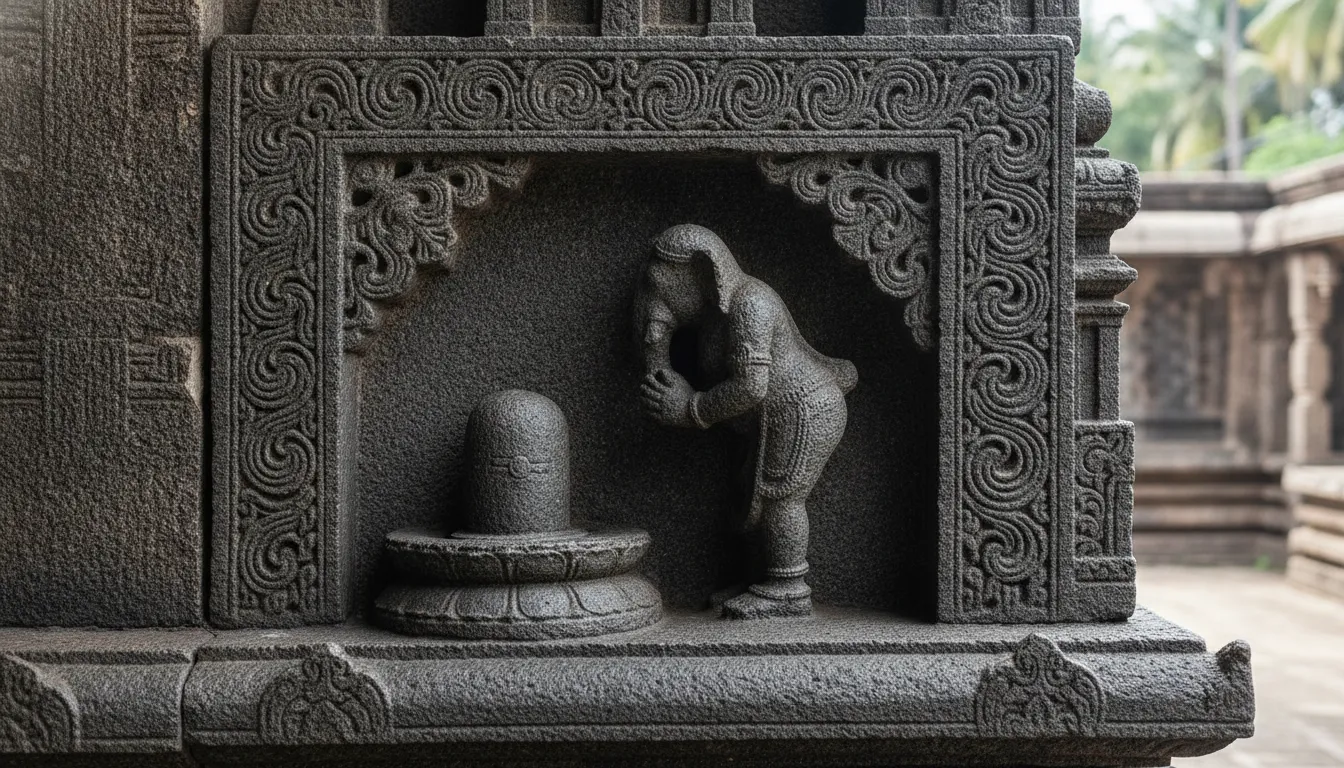 Traditional South Indian temple pillar carving featuring Lord Ganesha bowing before a sacred Shivling