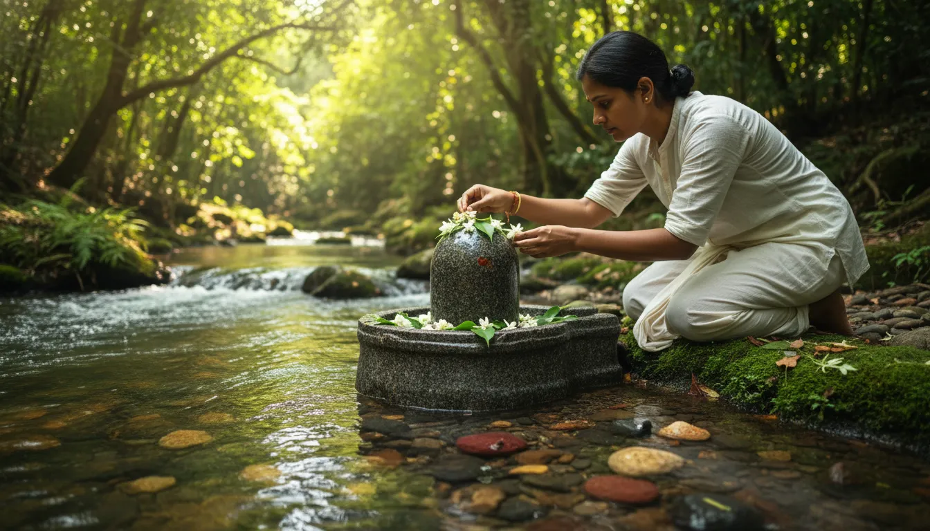 A nature-themed image of shivling in water with a person pouring fresh milk onto the deity.