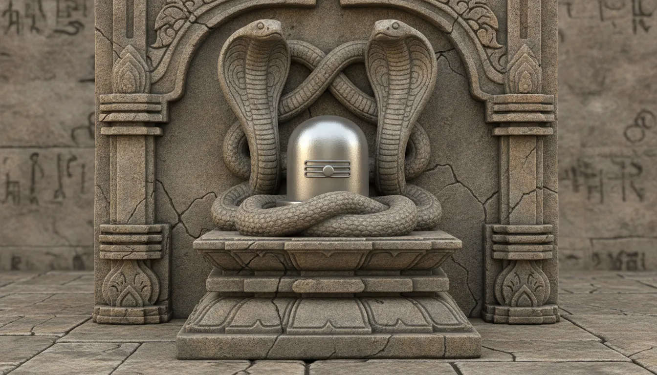 Ancient stone carving texture applied to a dual snake with shivling vector image.