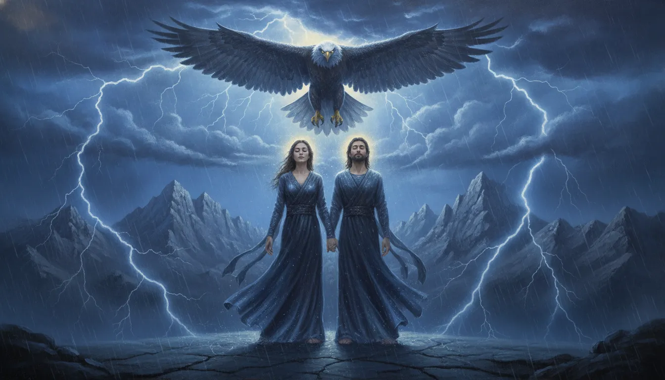 Divine couple standing calm on a mountain top during a lightning storm