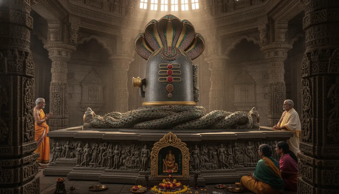 A masterful sculpture depicting the revered Somnath Shivling, showcasing exquisite craftsmanship in stone and gold leaf.