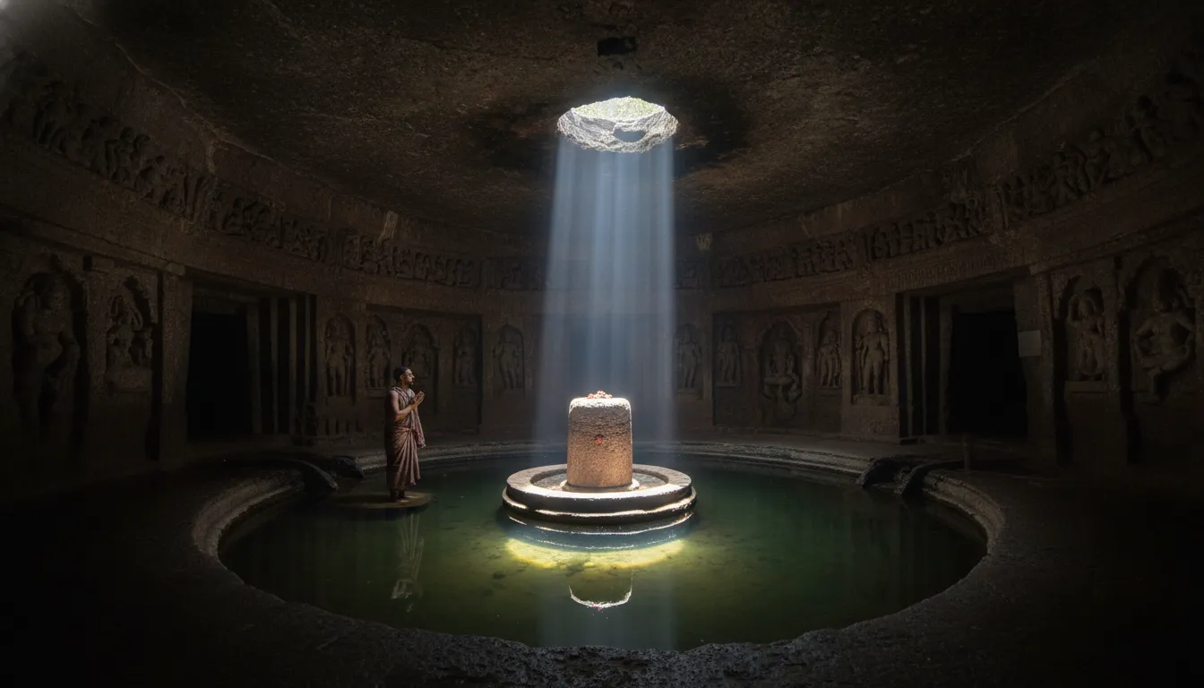 A mysterious image of shivling in water with a person carrying a traditional torch light inside a cave.