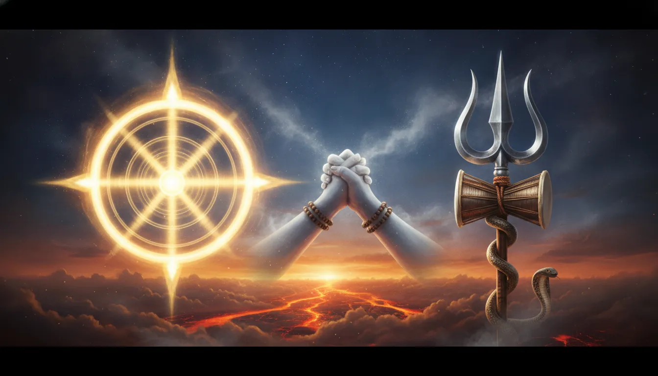 A vibrant spiritual painting showing the fusion of Sudarshana Chakra on the left and Trishul on the right.