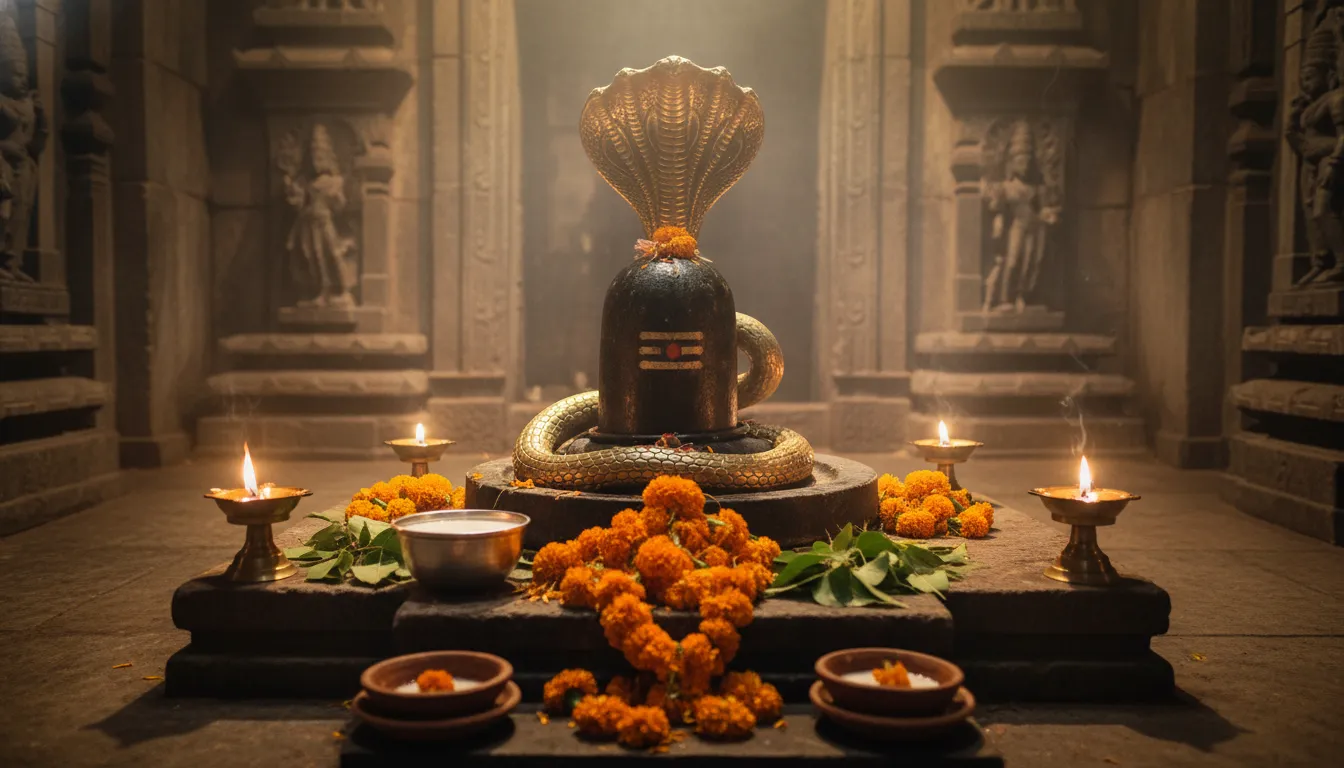 The historical black stone Shiva Lingam inside the sanctum sanctorum of Sudh Mahadev.