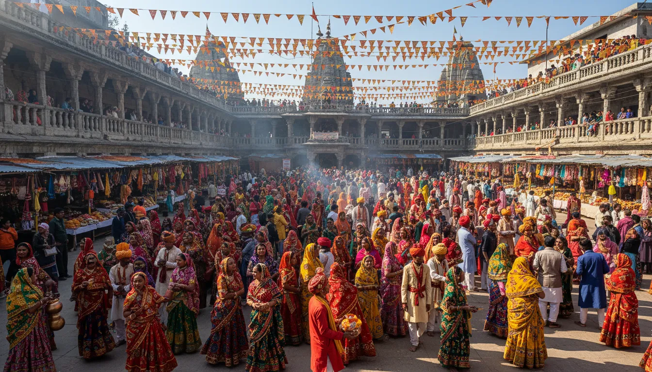 Devotees gathering in colorful traditional clothing at Sudh Mahadev during the annual Shravan festival.