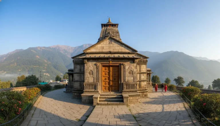Front entrance gate of the ancient Sudh Mahadev Temple in Jammu surrounded by green hills.