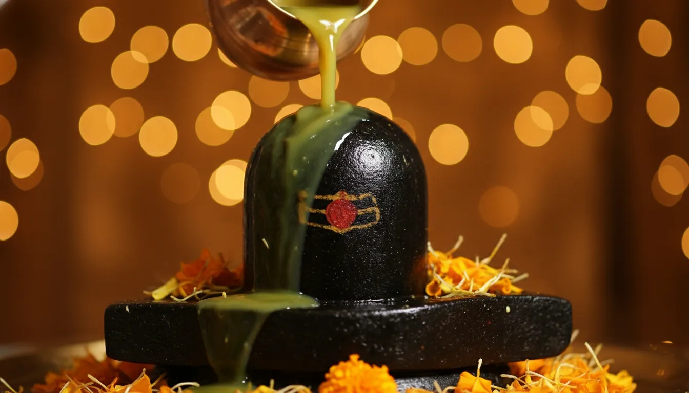 Original black Shivling undergoing rich sugarcane juice abhishekam.