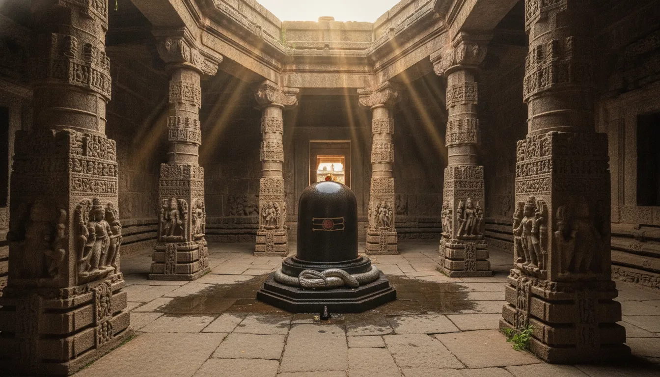 Ancient shiv temple shivling images displaying a hand-carved stone Shivling in a subterranean historical temple ruins.