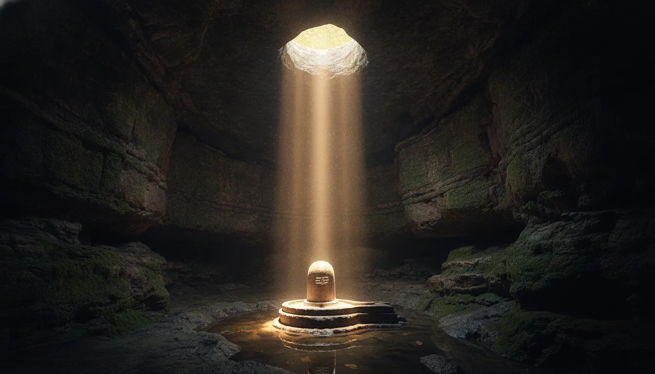 : A stone Shiva Lingam inside a deep cave illuminated by a dramatic shaft of sunlight.