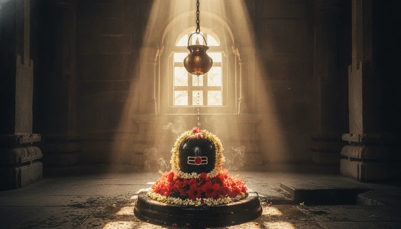 Sun rays illuminating a stone Shivling surrounded by fresh flowers in the morning