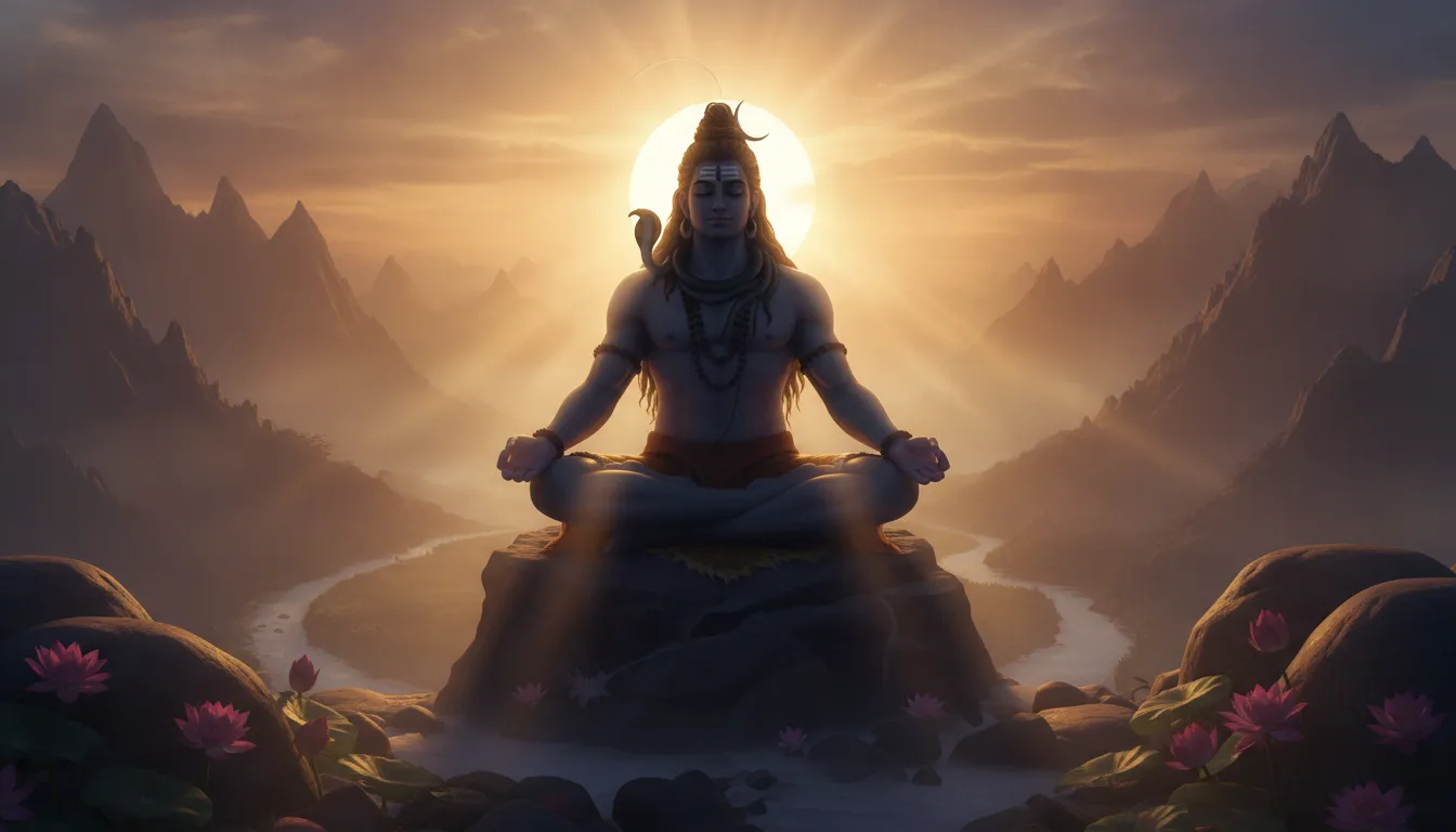 Lord Shiva meditating as a bright, powerful morning sun rises directly behind him, creating a majestic silhouette.