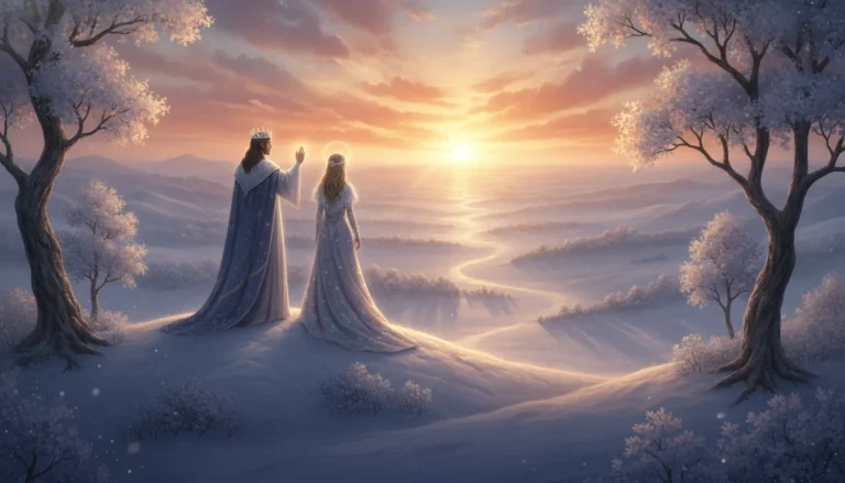 Divine couple standing on a snowy hill welcoming the first rays of winter sunrise over a vast valley.